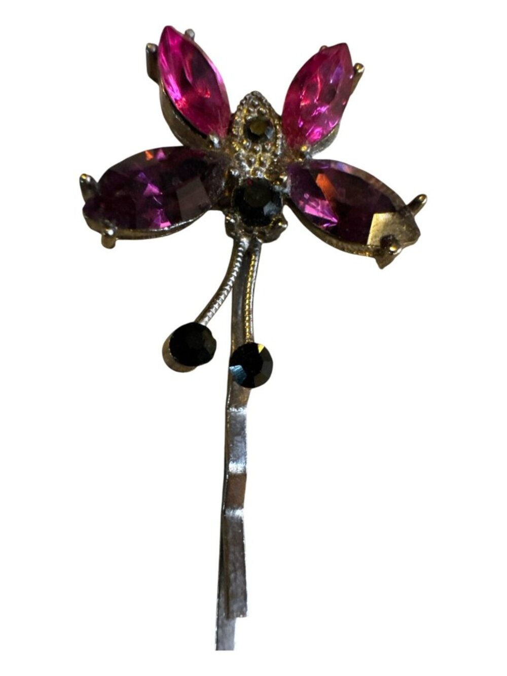 Vintage-Inspired Floral Hair Clip With Pink & Purple Rhinestones Black Accents A